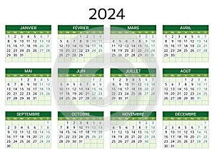 2024 french calendar. Printable, editable vector illustration for France. 12 months year calendrier photo