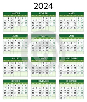 2024 french calendar. Printable, editable vector illustration for France. 12 months year calendrier photo