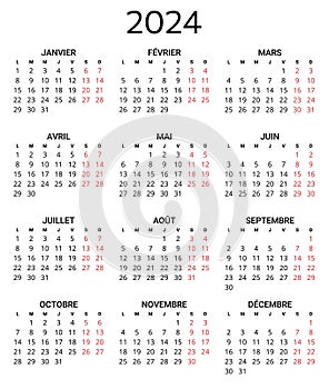 2024 french calendar. Printable, editable vector illustration for France. 12 months year calendrier photo