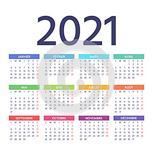 2021 French Calendar. Vector illustration. Template year color planner photo