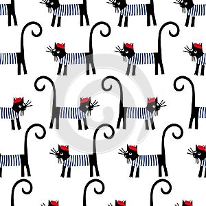 French cat seamless pattern. Cute cartoon parisian cat vector illustration.