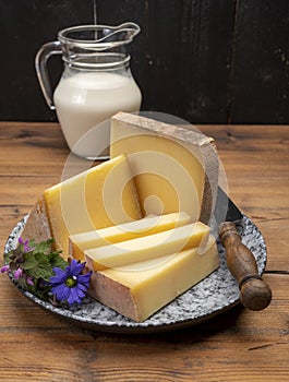 French cheese collection, comte cheese made from unpasteurized cow`s milk in Franche-Comte, France