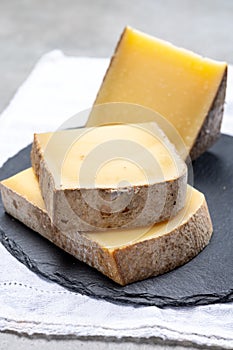 French cheese Comte, three varieties 1 year matured Prestige, fruity flavoured Fruite and Vieille Reserve