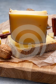 French cheese Comte, three varieties 1 year matured Prestige, fruity flavoured Fruite and Vieille Reserve