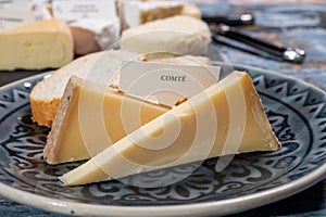 French cheese Comte, three varieties 1 year matured Prestige, fruity flavoured Fruite and Vieille Reserve