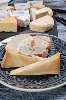 French cheese Comte, three varieties 1 year matured Prestige, fruity flavoured Fruite and Vieille Reserve