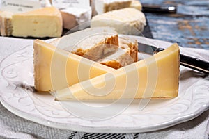 French cheese Comte, three varieties 1 year matured Prestige, fruity flavoured Fruite and Vieille Reserve