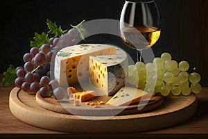 French Cheese Platter. Selection of fine French cheeses, arranged on a wooden plate with grapes and a glass of white wine. Ai