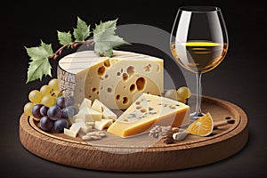 French Cheese Platter. Selection of fine French cheeses, arranged on a wooden plate with grapes and a glass of white wine. Ai