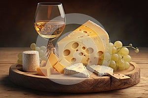 French Cheese Platter. Selection of fine French cheeses, arranged on a wooden plate with grapes and a glass of white wine. Ai