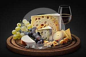 French Cheese Platter. Selection of fine French cheeses, arranged on a wooden plate with grapes and a glass of white wine. Ai