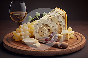 French Cheese Platter. Selection of fine French cheeses, arranged on a wooden plate with grapes and a glass of white wine. Ai