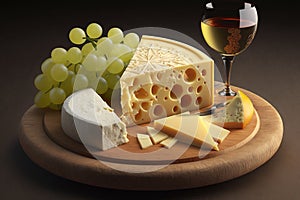 French Cheese Platter. Selection of fine French cheeses, arranged on a wooden plate with grapes and a glass of white wine. Ai