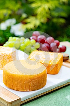 French cheeses collection, Riche de Saveurs, Langres and Le peche des bons peres cheeses served on white marble plate outdoor in