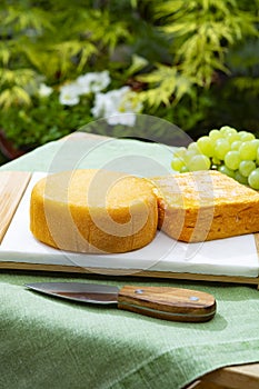 French cheeses collection, yellow Riche de Saveurs and Le peche des bons peres cheeses served on white marble plate outdoor in