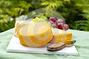 French cheeses collection, yellow Riche de Saveurs and Le peche des bons peres cheeses served on white marble plate outdoor in