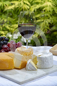 French cheeses collection, yellow Riche de Saveurs, Vieux Pane and Le peche des bons peres cheeses served with glass of red port