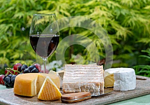 French cheeses collection, yellow Riche de Saveurs, Vieux Pane and Le peche des bons peres cheeses served with glass of red port