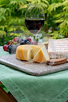 French cheeses collection, yellow Riche de Saveurs, Vieux Pane and Le peche des bons peres cheeses served with glass of red port