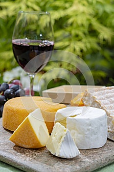 French cheeses collection, yellow Riche de Saveurs, Vieux Pane and Le peche des bons peres cheeses served with glass of red port