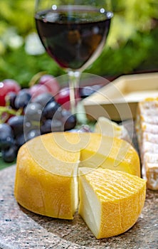 French cheeses collection, yellow Riche de Saveurs, Vieux Pane and Le peche des bons peres cheeses served with glass of red port