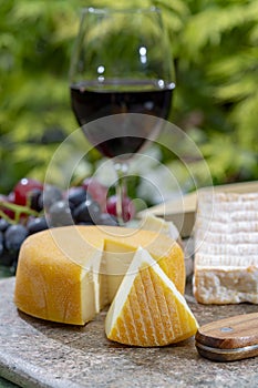 French cheeses collection, yellow Riche de Saveurs, Vieux Pane and Le peche des bons peres cheeses served with glass of red port