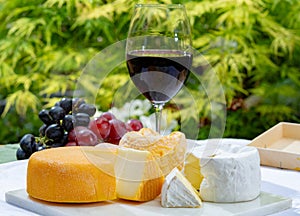 French cheeses collection, yellow Riche de Saveurs, Vieux Pane and Le peche des bons peres cheeses served with glass of red port