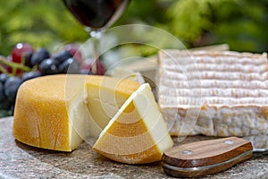 French cheeses collection, yellow Riche de Saveurs, Vieux Pane and Le peche des bons peres cheeses served with glass of red port