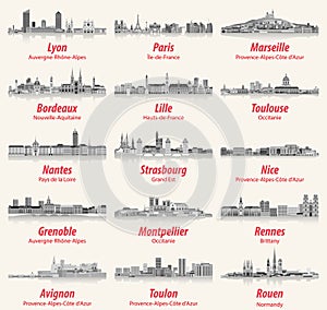 French cities skylines flat style isolated icons in black and white color palette