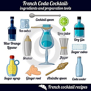 French coda cocktail. Infographic set of isolated elements on white background photo