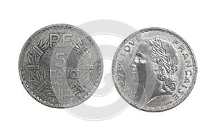 A French coin, 5 francs, from 1950