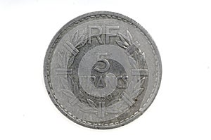 A French coin, five francs, from 1950