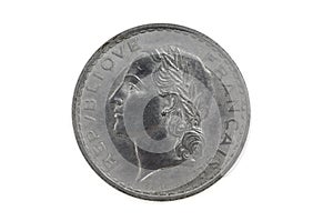 A French coin, five francs, from 1950