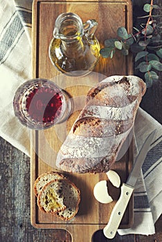 French country bread, red wine, cheese and olive oil