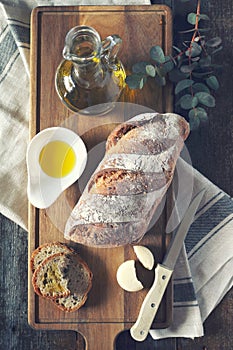 French country bread, round cheese and olive oil