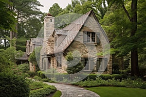 french country house with classic shingled roof and stone porch, surrounded by lush greenery