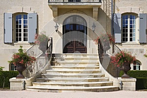 french country house exterior with majestic staircase leading to front door