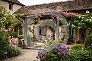 french country house exterior with view of courtyard, surrounded by wooden pergola and blooming flowers