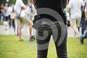 french criminality squad police with shotgun and handcuffs standing in the street