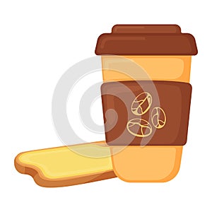 French croissant with coffee cup, breakfast butter bakery product icon, concept cartoon organic beverage food vector illustration