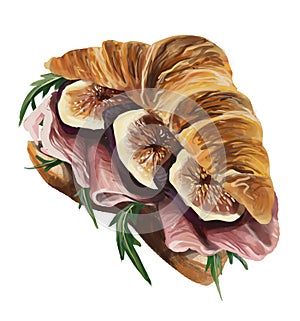 A french croissant with ham, figs and ruccola