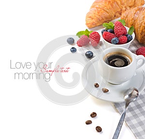 French croissants and coffee espresso on white background