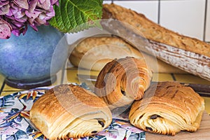 French croissants, pain au chocolat and bread