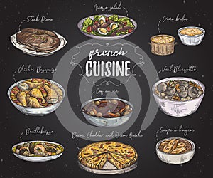 French cuisine. Collection of delicious food on chalkboard.