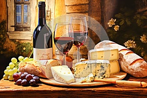 French Cuisine Culture. Bread, Cheese, Wine, Grapes.