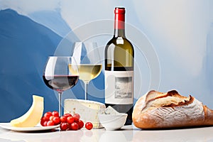 French Cuisine Culture. Bread, Cheese, Wine, Grapes.