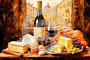 French Cuisine Culture. Bread, Cheese, Wine, Grapes.