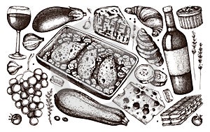French cuisine dishes and ingredients illustration collection. Hand drawn vector food and drinks illustrations. Vintage style