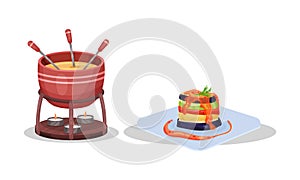 French Cuisine Dishes with Melted Cheese in Fondue and Ratatouille Served on Plate Vector Set