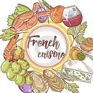 French Cuisine Hand Drawn Background with Cheese, Wine and Grape. Food and Drink Menu